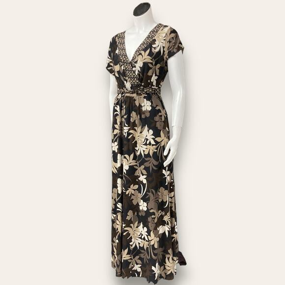 Brown Floral Print Empire Waist V-neck Stretchy Maxi Dress Medium - Picture 4 of 7